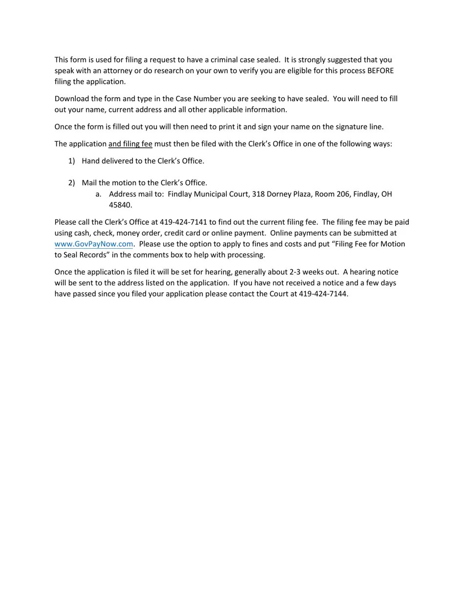 City of Findlay, Ohio Application to Seal a Criminal Record Fill Out