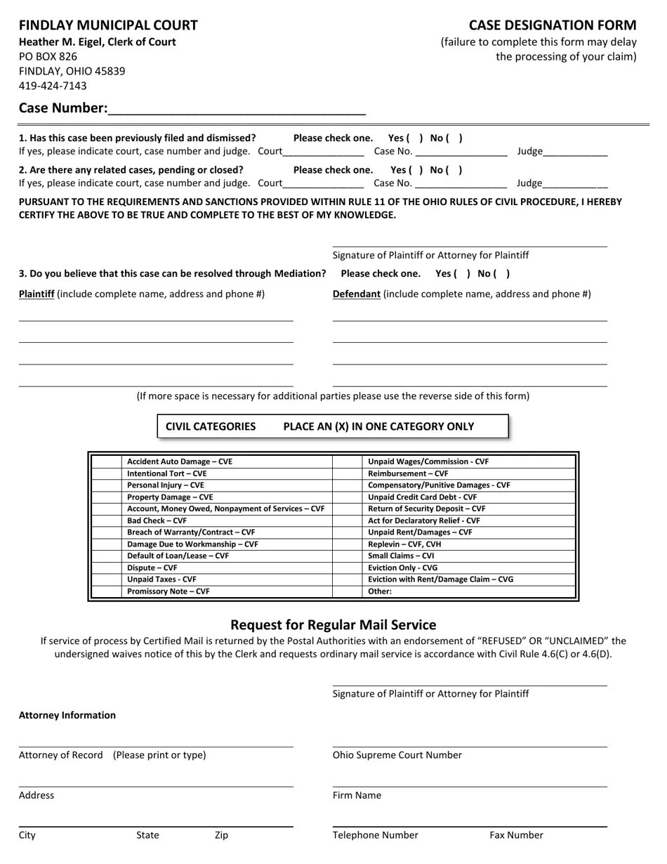 City of Findlay, Ohio Case Designation Form Fill Out, Sign Online and