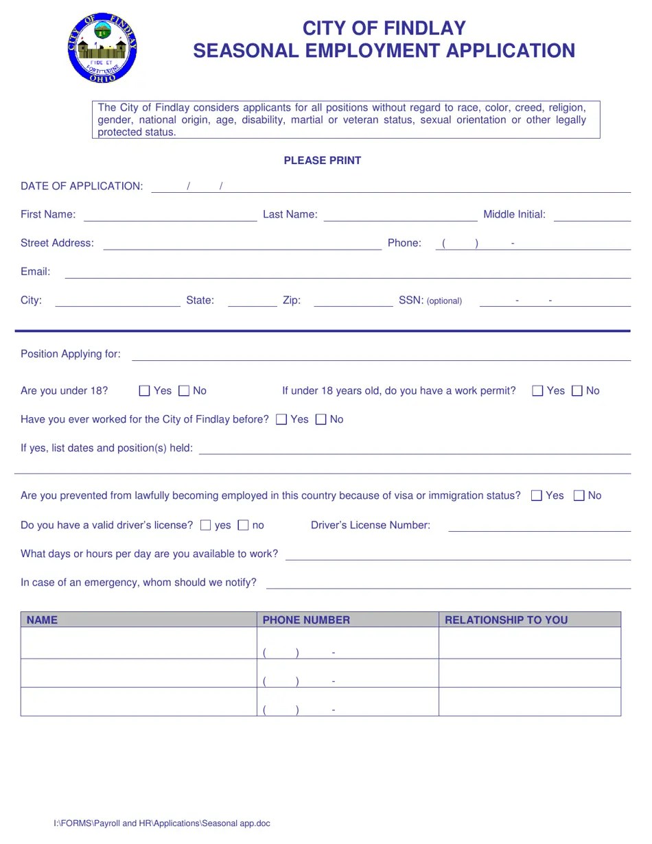 City of Findlay, Ohio Seasonal Employment Application Fill Out, Sign