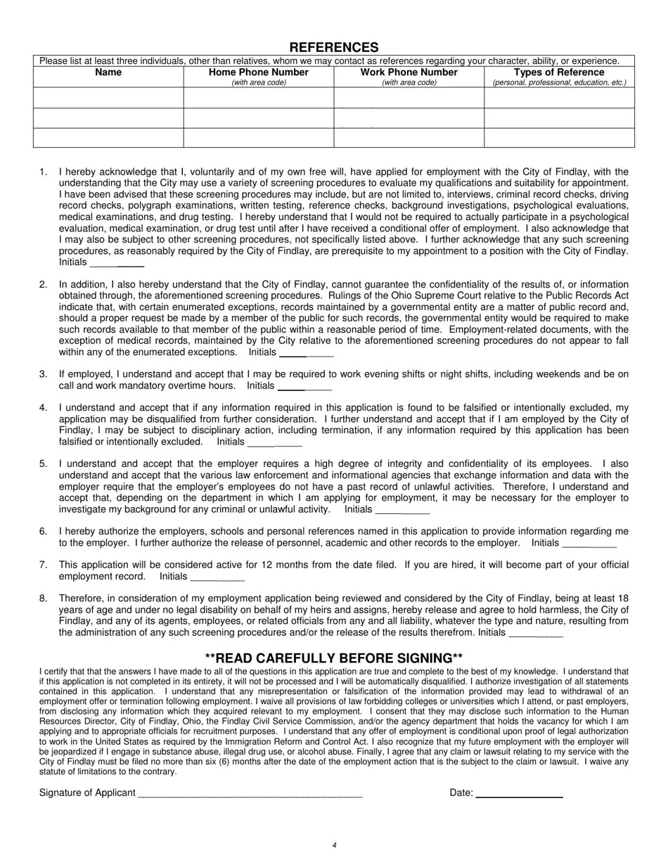 City of Findlay, Ohio Employment Applicatiinon Fill Out, Sign Online