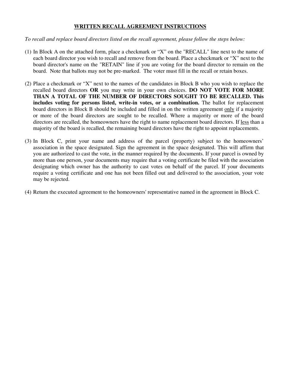Florida Form for Homeowners Written Recall Agreement/Ballot Fill Out