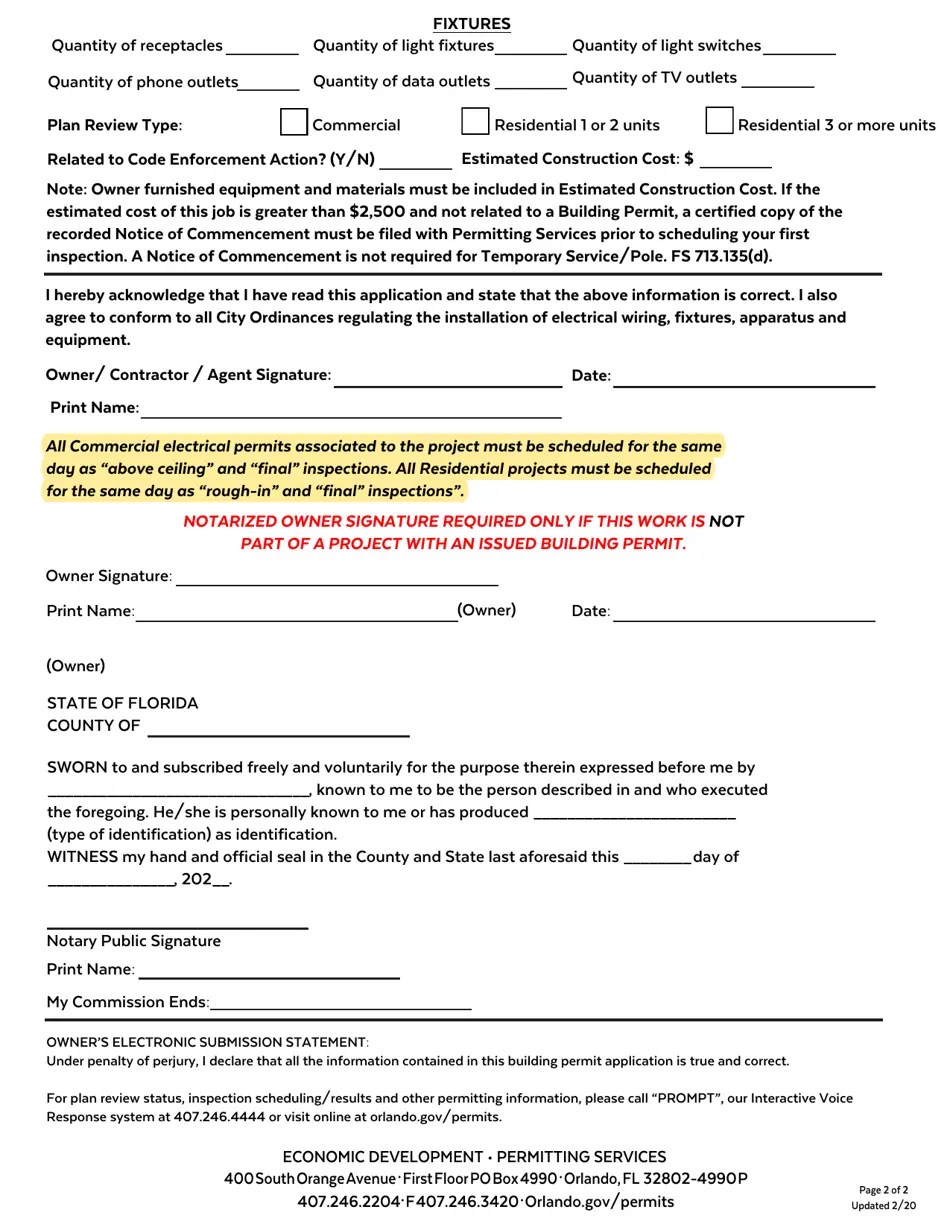 City of Orlando, Florida Electrical Permit Application Fill Out, Sign