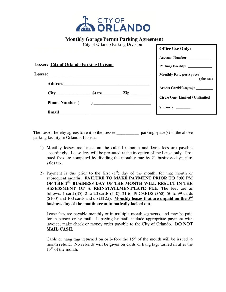 City of Orlando, Florida Monthly Garage Permit Parking Agreement Fill
