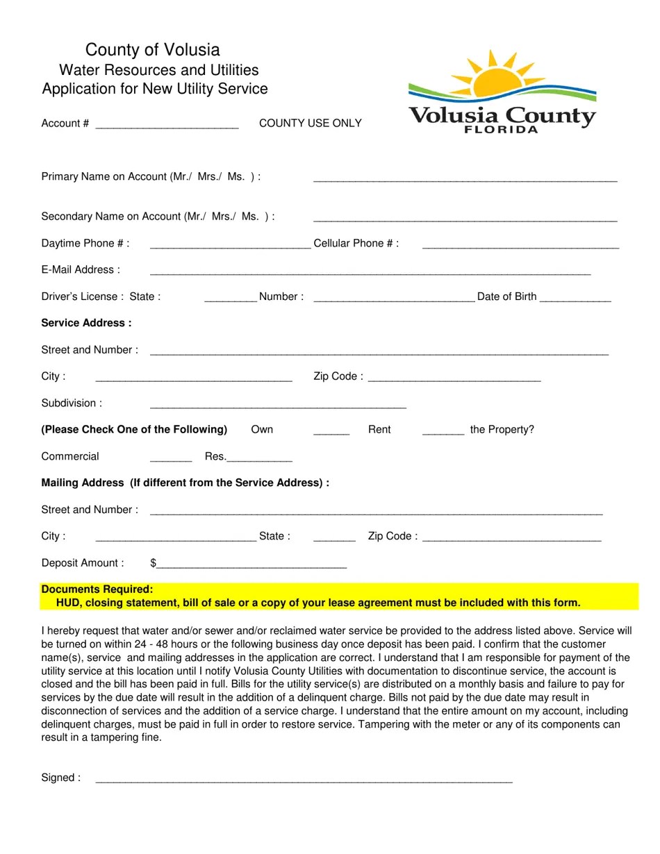 County of Volusia, Florida Application for New Utility Service Fill