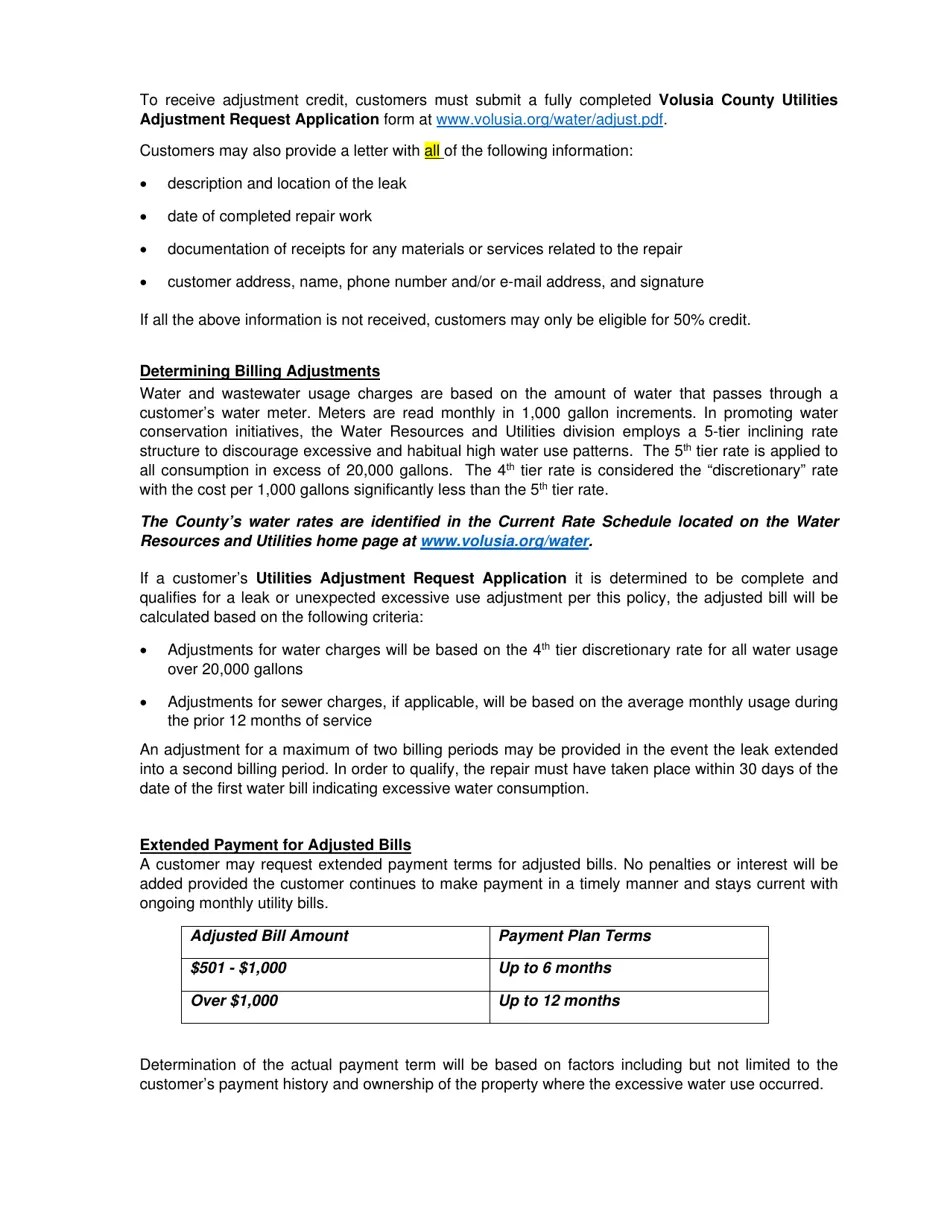 County of Volusia, Florida Utilities Adjustment Request Application