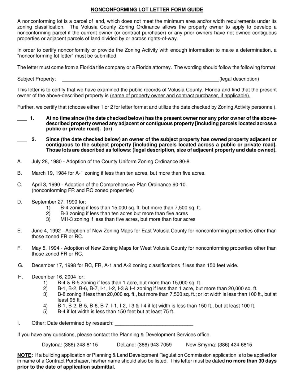 Volusia County, Florida Nonconforming Lot Letter Form Guide Fill Out