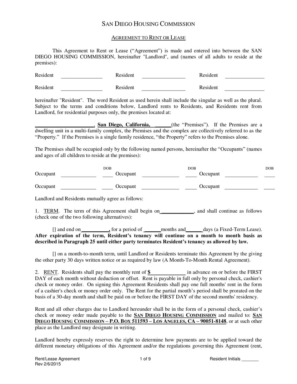 City of San Diego, California Agreement to Rent or Lease Fill Out