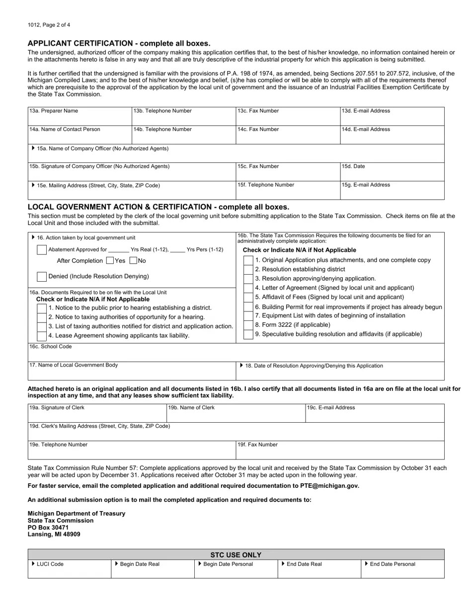 Form 1012 Fill Out, Sign Online and Download Fillable PDF, Michigan