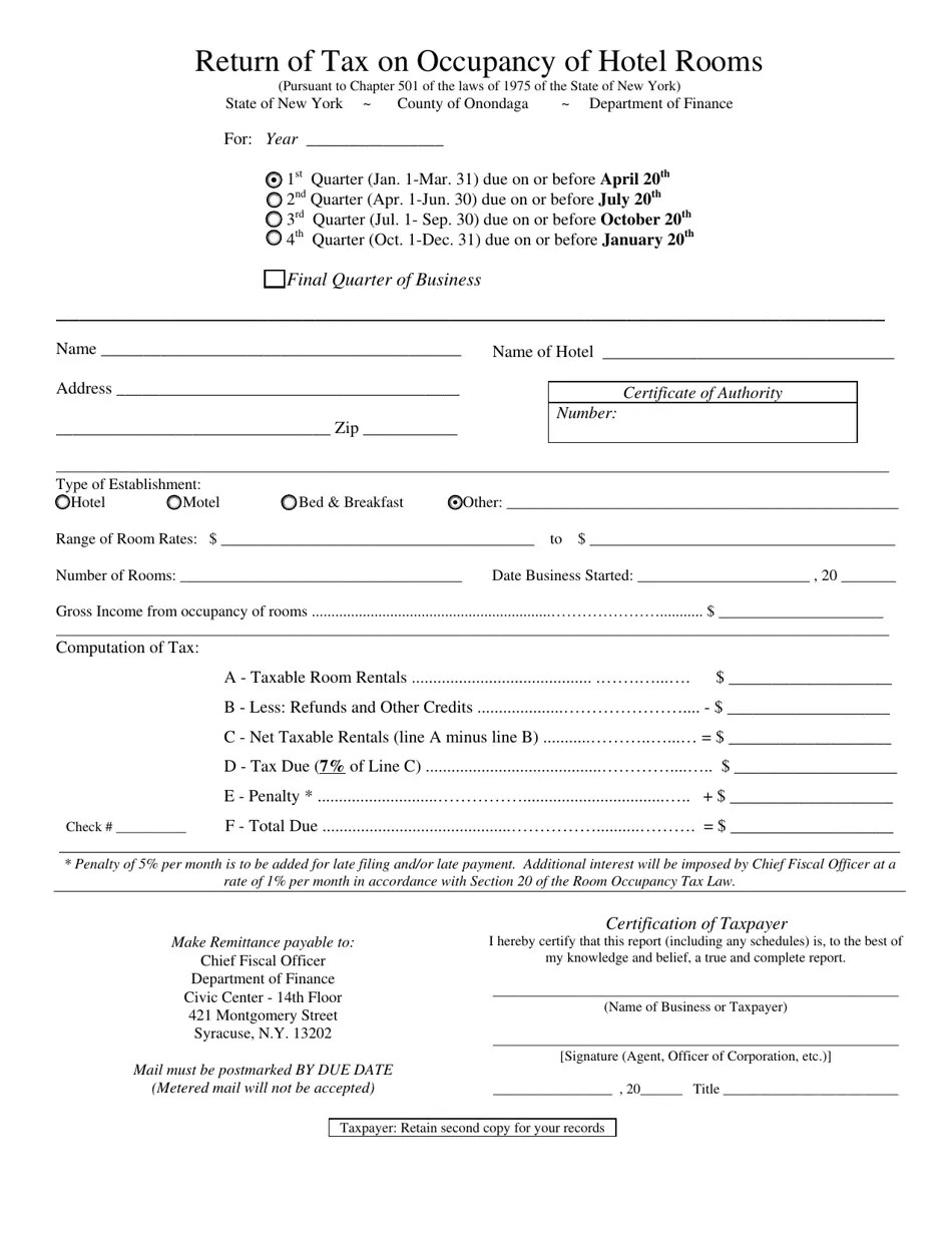 Onondaga County, New York Return of Tax on Occupancy of Hotel Rooms