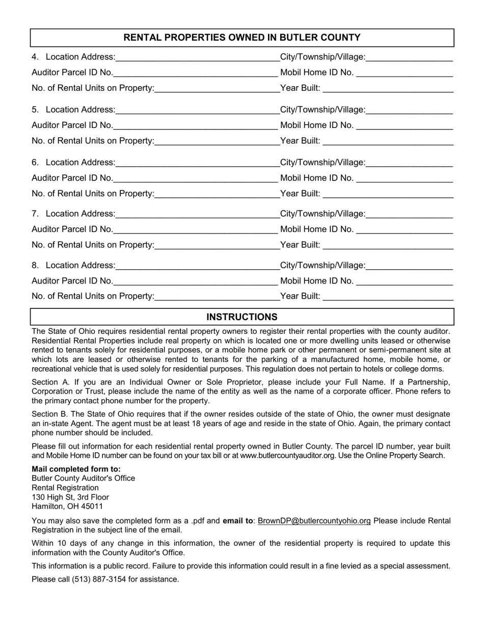 Butler County, Ohio Residential Rental Property Registration Form