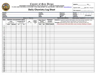 County of San Diego, California Daily Chemistry Log Sheet - Fill Out