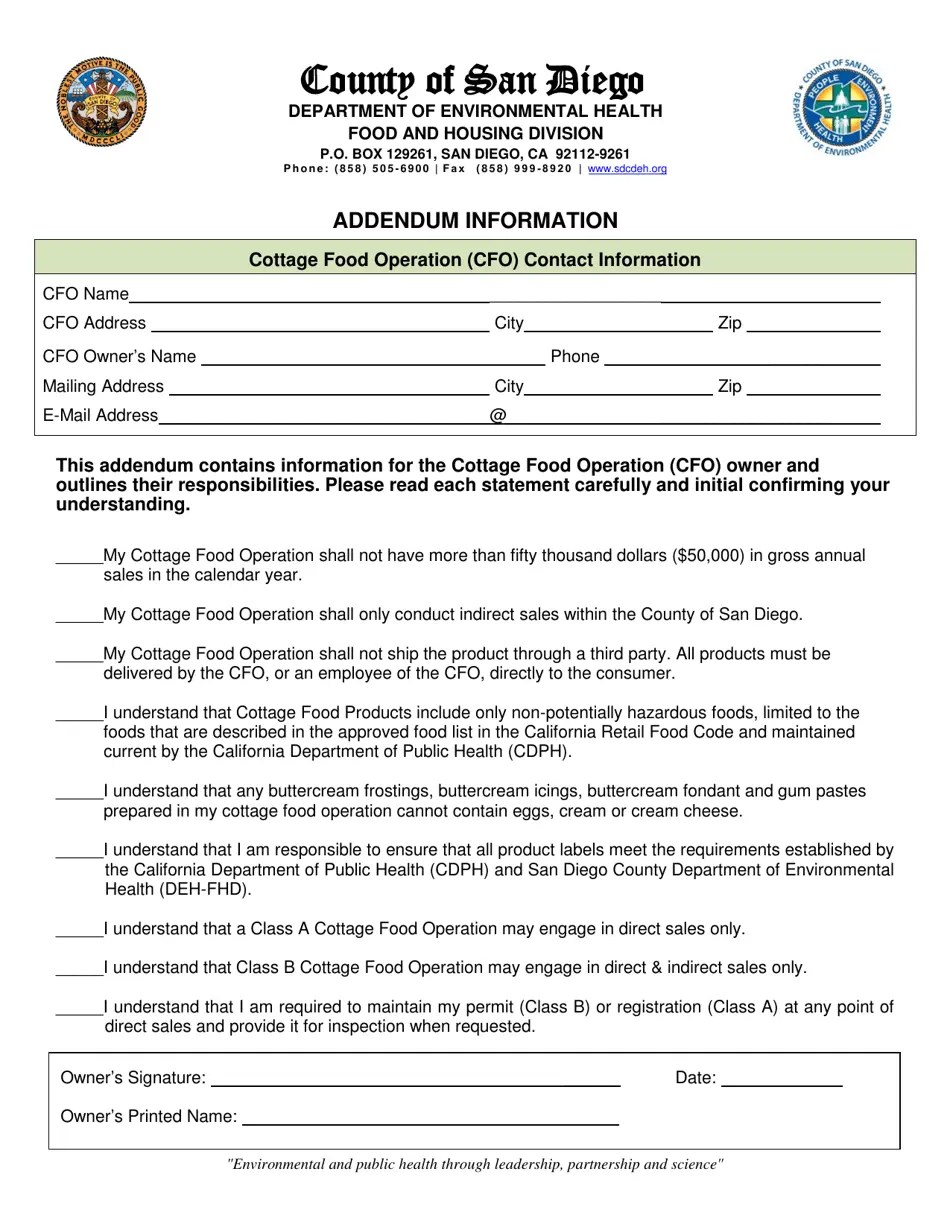 County of San Diego, California Class B Cottage Food Operation