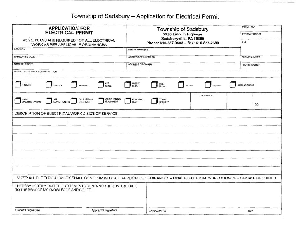 Sadsbury Township, Pennsylvania Application for Electrical Permit Fill Out, Sign Online and