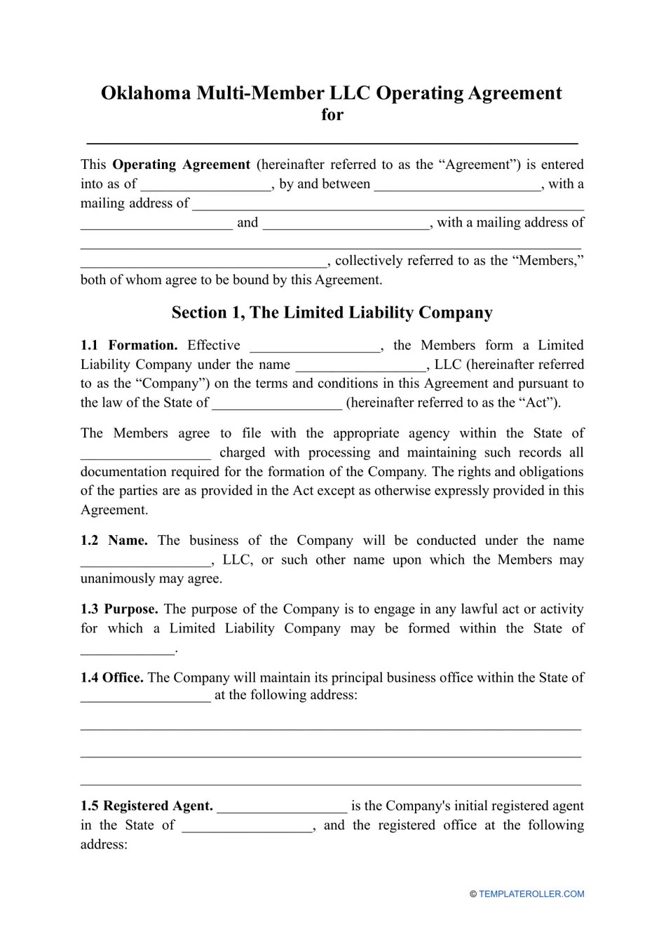Oklahoma MultiMember LLC Operating Agreement Template Download