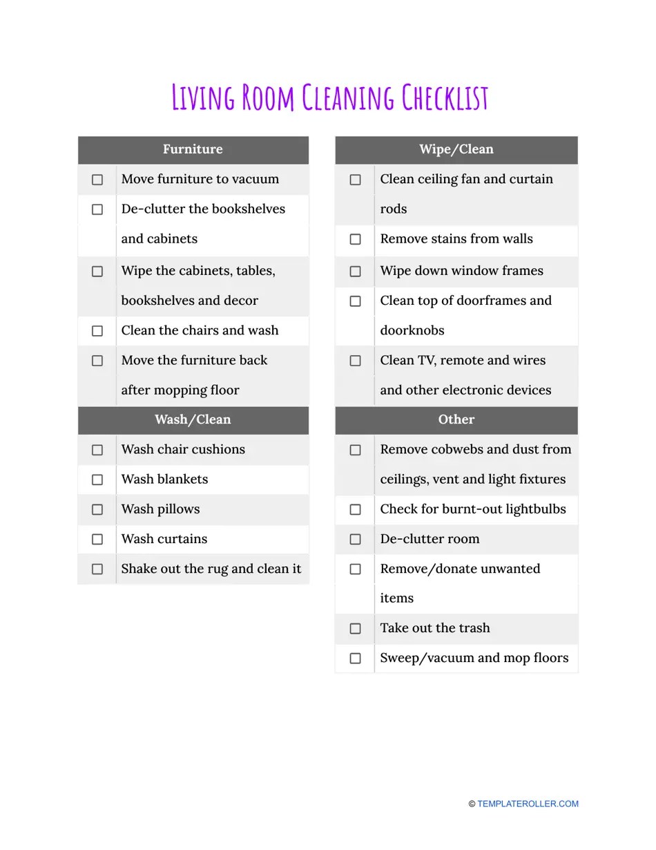 Living Room Cleaning Checklist Template Download Printable PDF