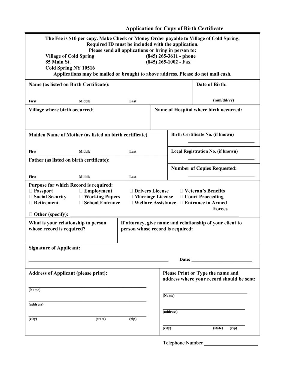 Village of Cold Spring, New York Application for Copy of Birth