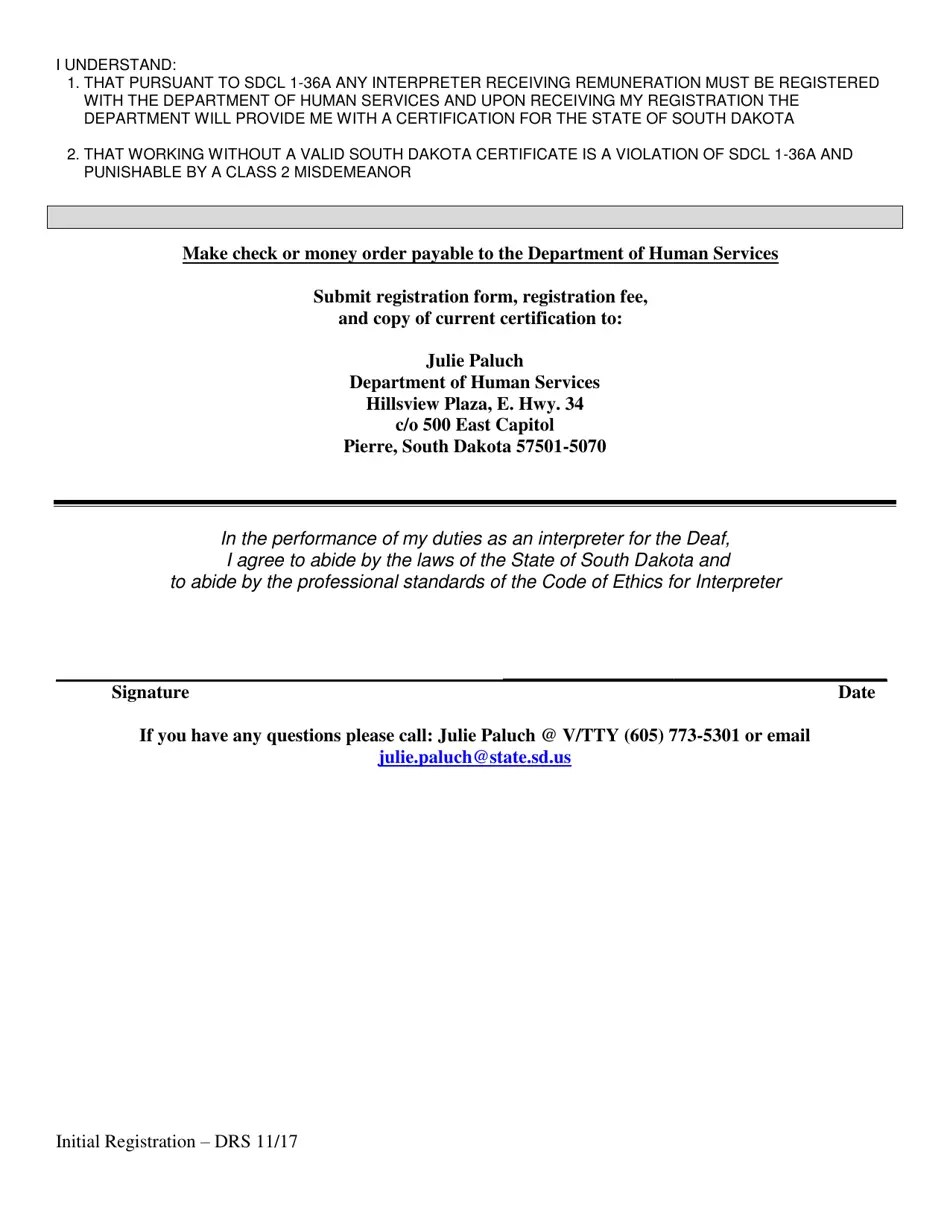 South Dakota Interpreter Registry Form Initial Registration Application