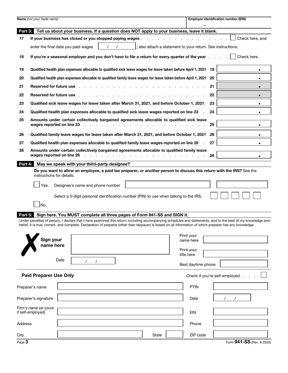 IRS Form 941SS Download Fillable PDF or Fill Online Employer's