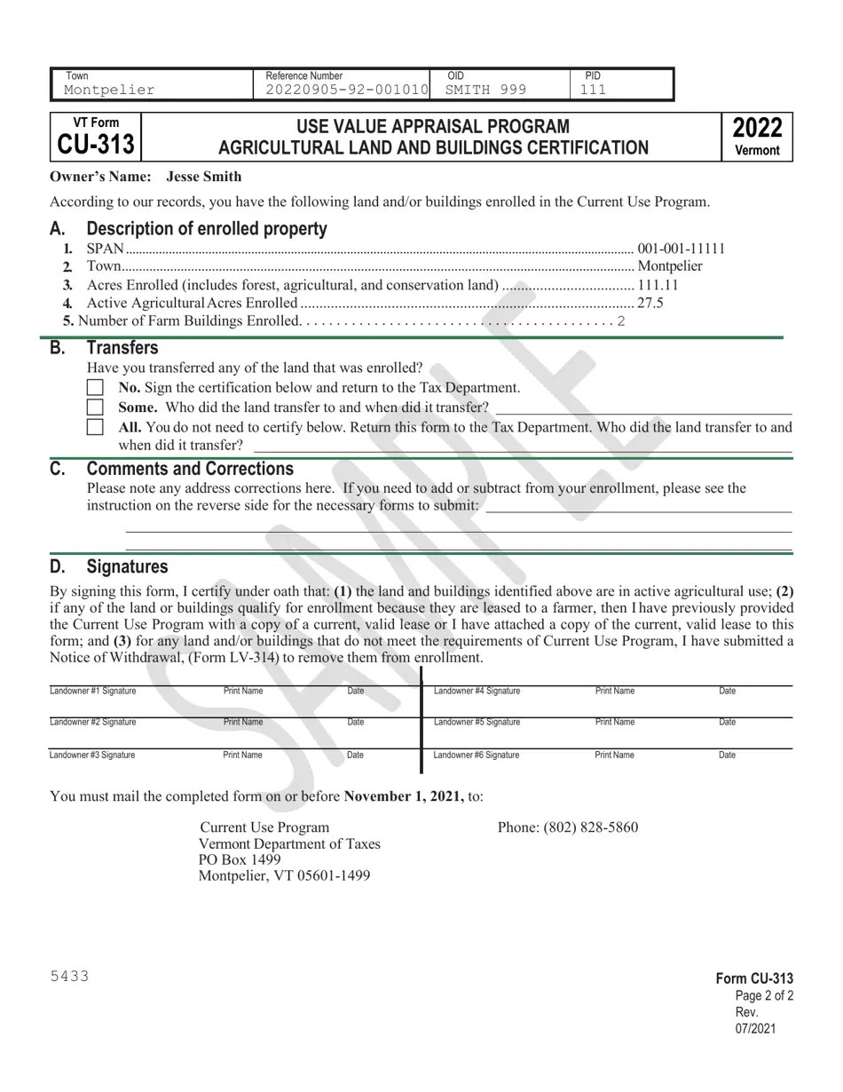 VT Form CU313 Download Printable PDF or Fill Online Agricultural Land