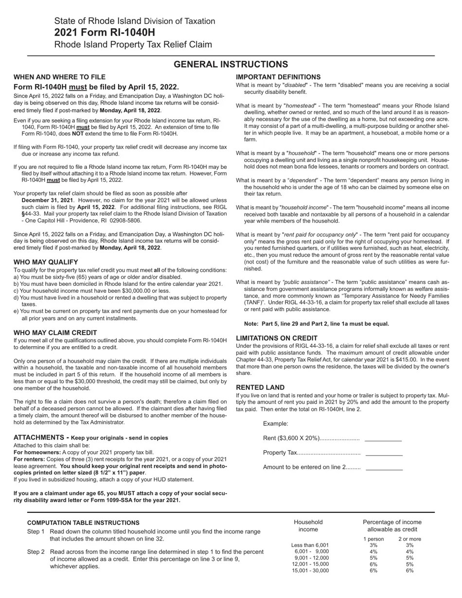 Form RI1040H 2021 Fill Out, Sign Online and Download Fillable PDF