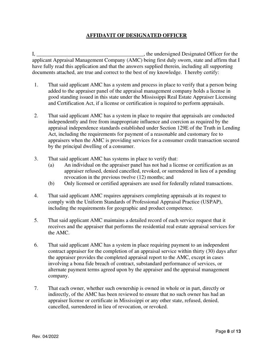 Mississippi Application for Registration of an Appraisal Management