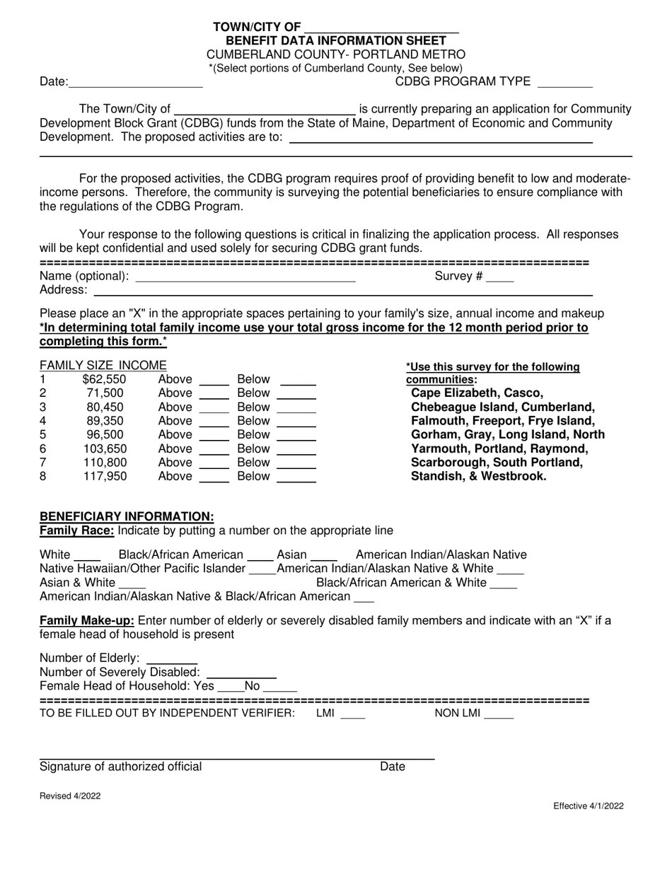 Maine Benefit Data Information Sheet Cumberland County Portland