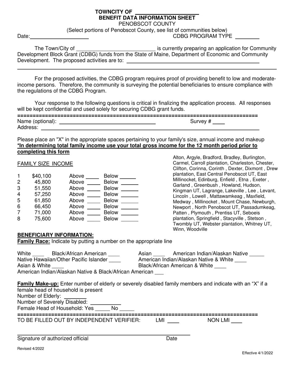 Maine Benefit Data Information Sheet Penobscot County Fill Out