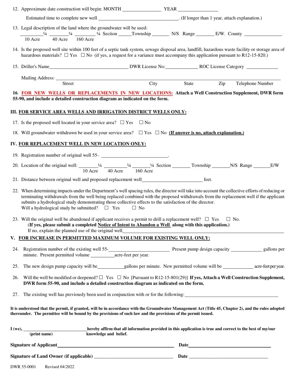 Form DWR550001 Download Printable PDF or Fill Online Application for a