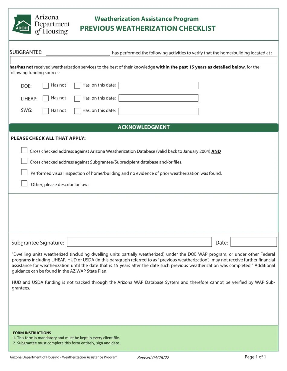 Arizona Previous Weatherization Checklist Weatherization Assistance