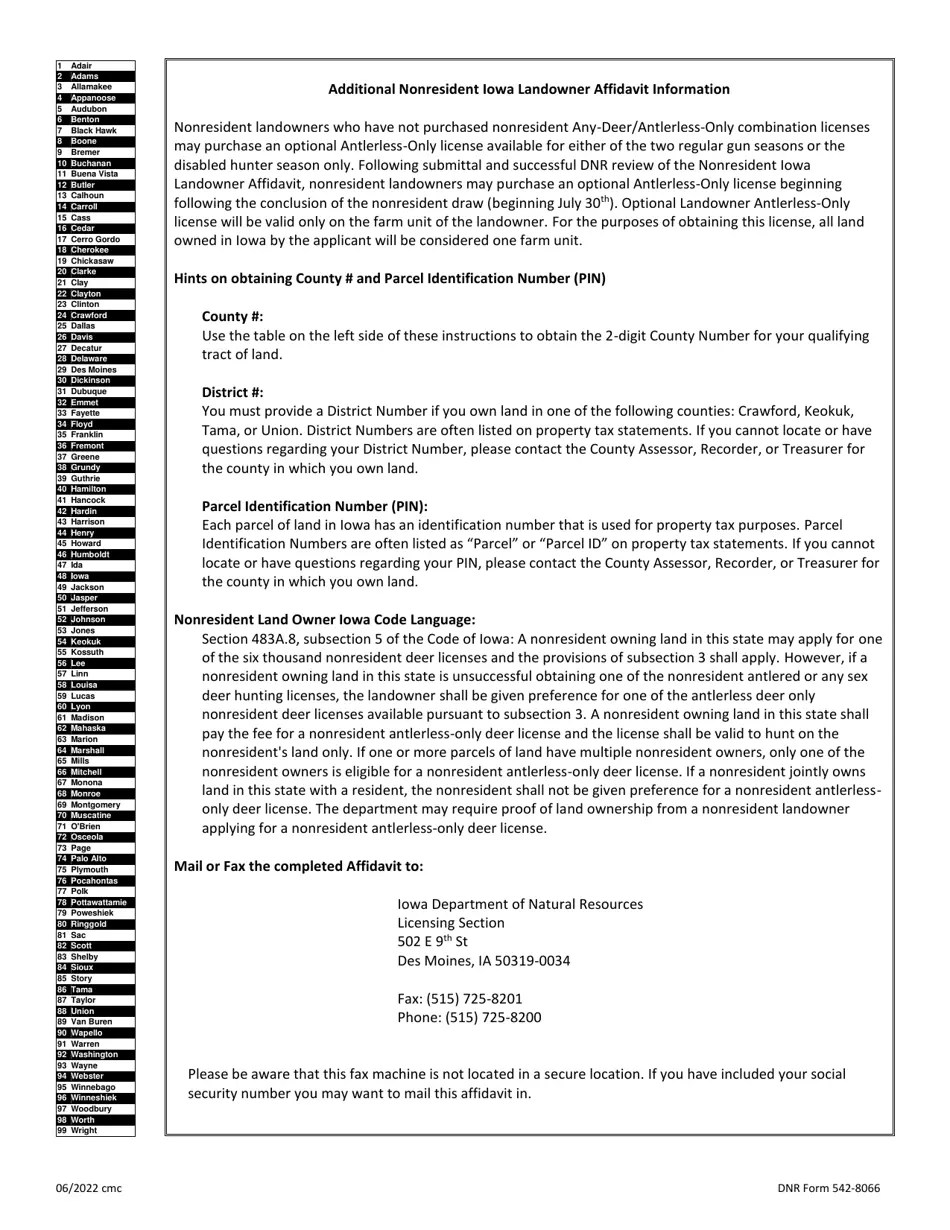 DNR Form 5428066 Download Fillable PDF or Fill Online Affidavit for Nonresident Iowa Landowner