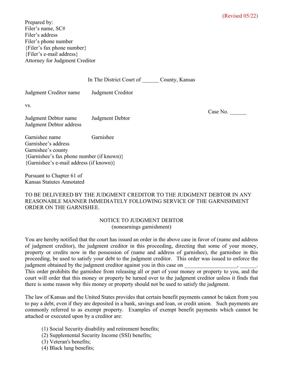 Kansas Notice to Judgment Debtor (Nonearnings Garnishment) Fill Out