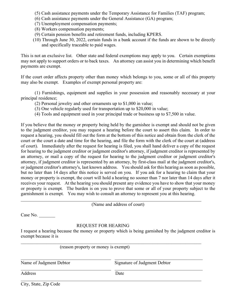 Kansas Notice to Judgment Debtor (Nonearnings Garnishment) Fill Out