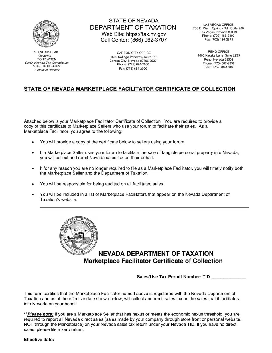 Nevada State of Nevada Marketplace Facilitator Certificate of