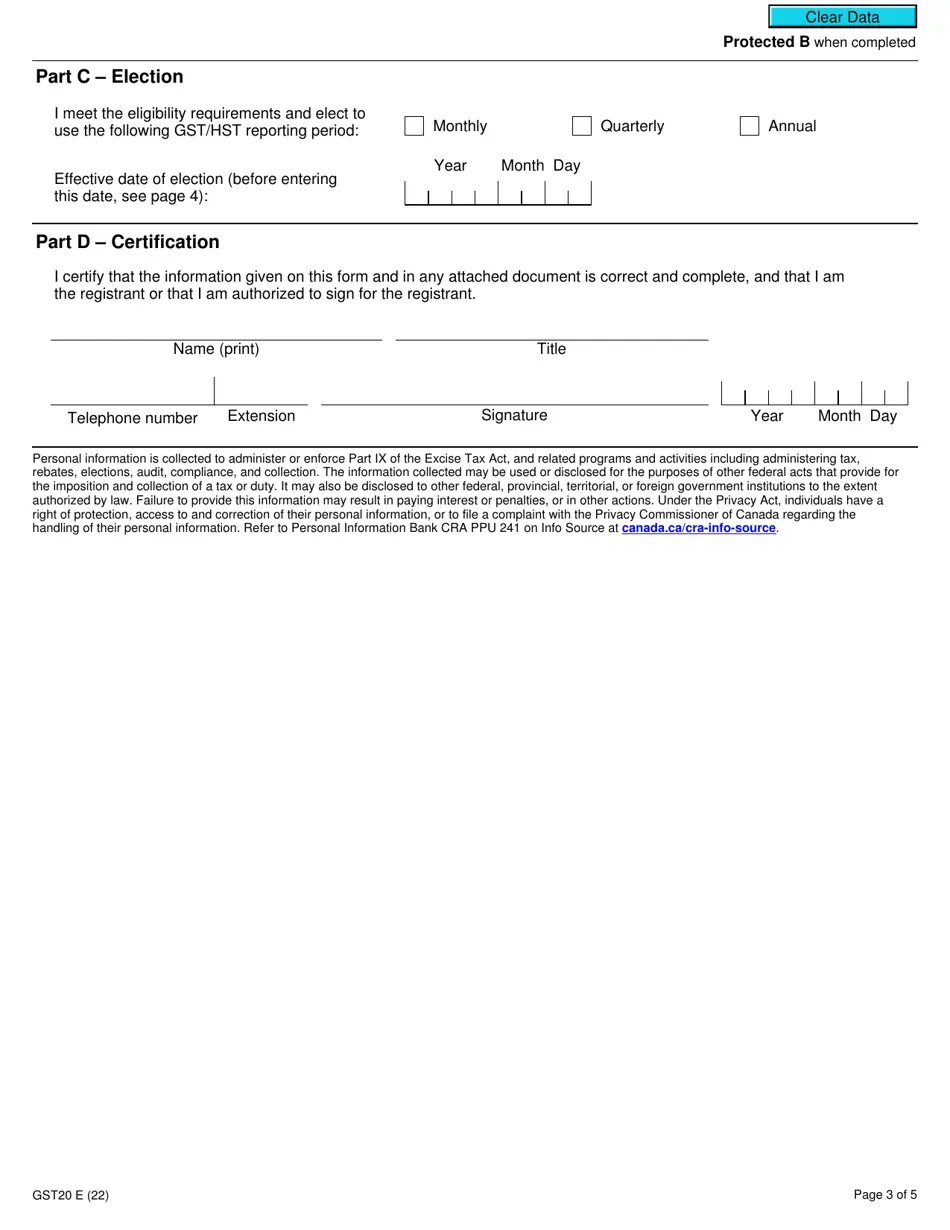 Form GST20 Download Fillable PDF or Fill Online Election for Gst/Hst