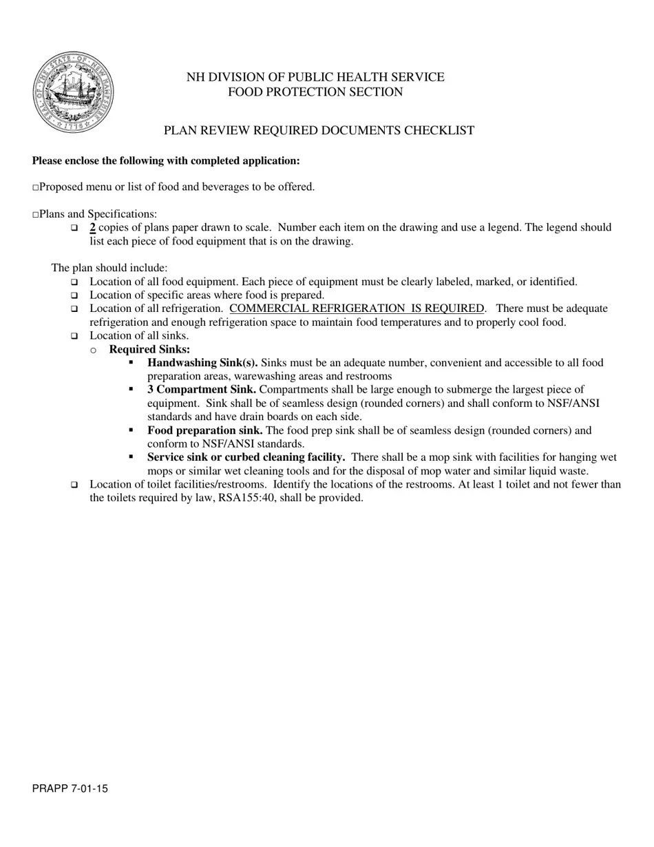 New Hampshire Application for Food Establishment Floor Plan Review
