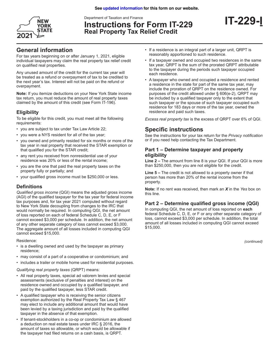 Download Instructions for Form IT229 Real Property Tax Relief Credit