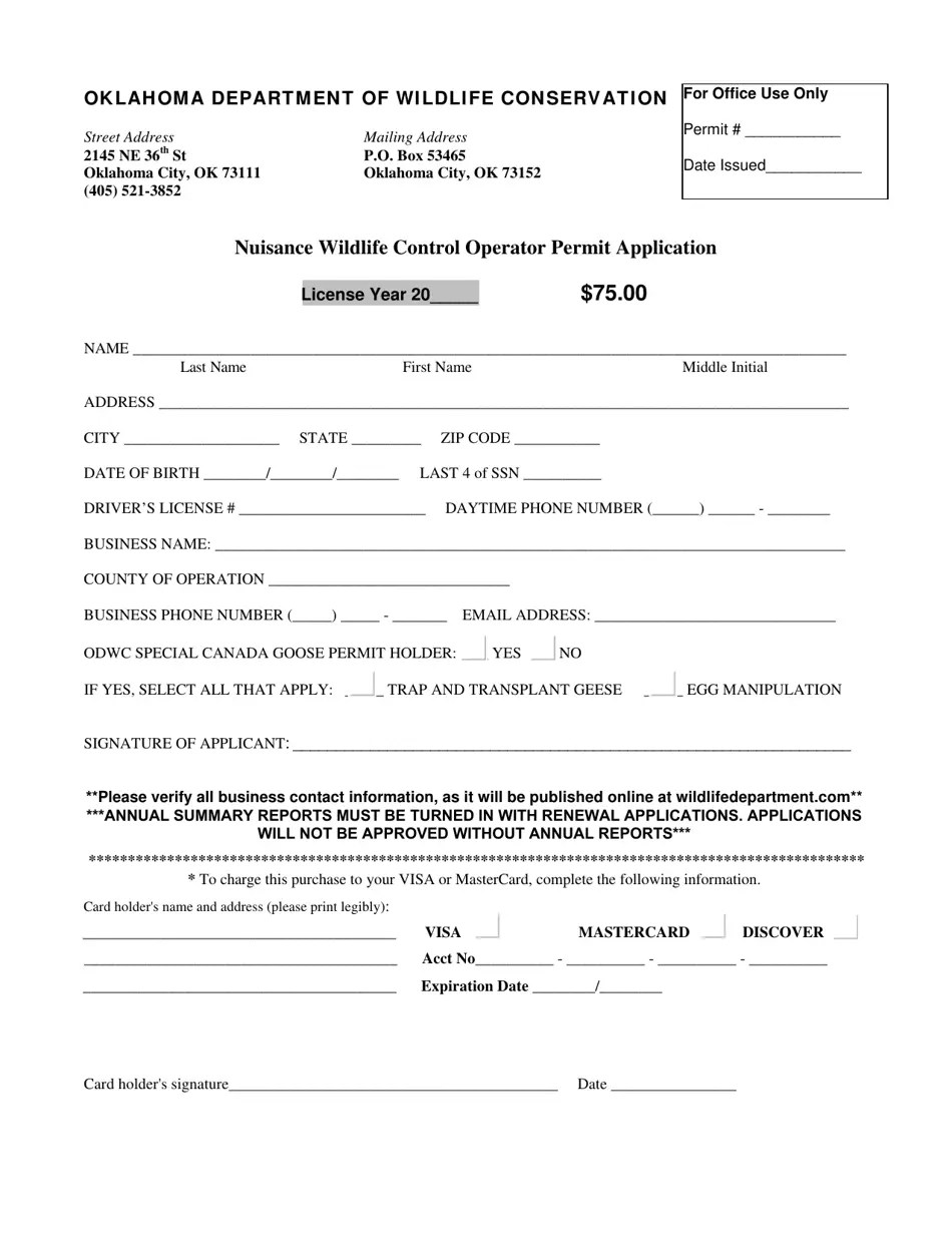 Oklahoma Nuisance Wildlife Control Operator Permit Application Fill Out, Sign Online and