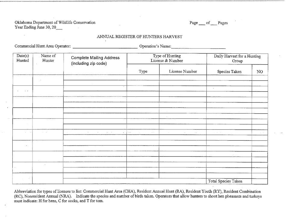 Oklahoma Oklahoma Commercial Hunt Area Reports of Harvest Fill Out