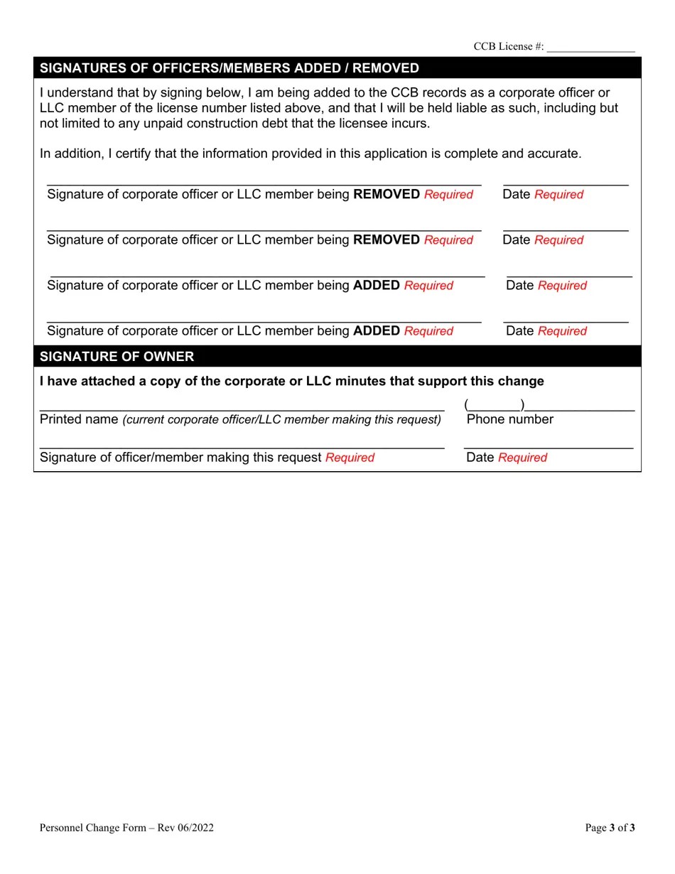 Oregon Personnel Change Request Form for Corporations and Limited