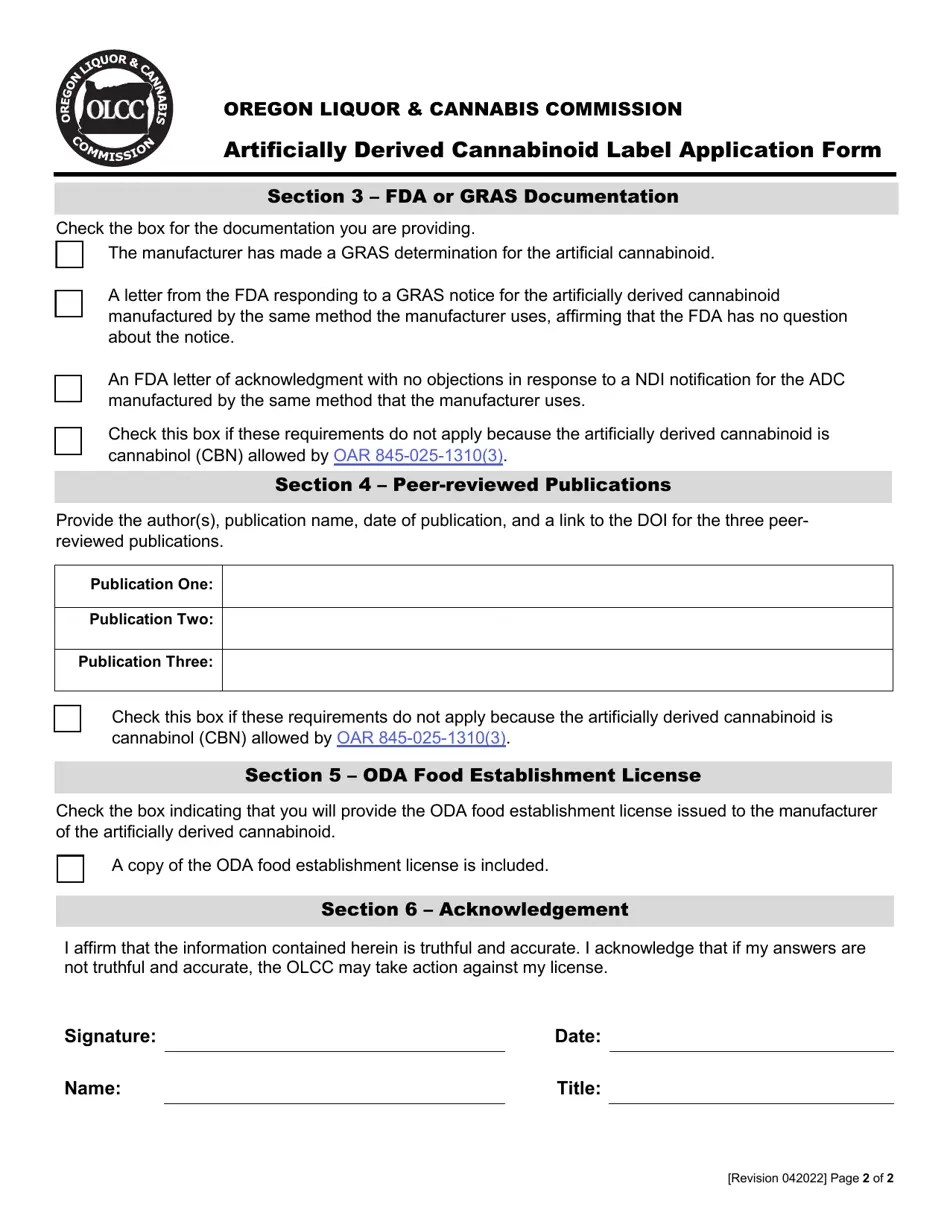 Oregon Artificially Derived Cannabinoid Label Application Form Fill Out, Sign Online and