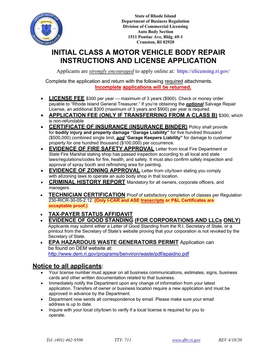 Rhode Island Initial Class a Motor Vehicle Repair Application Fill