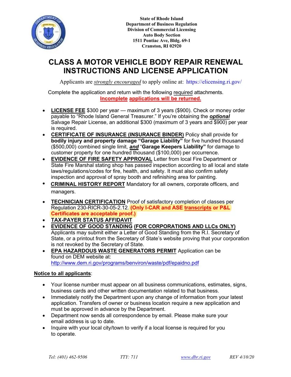 Rhode Island Class a Motor Vehicle Repair Renewal Application Fill
