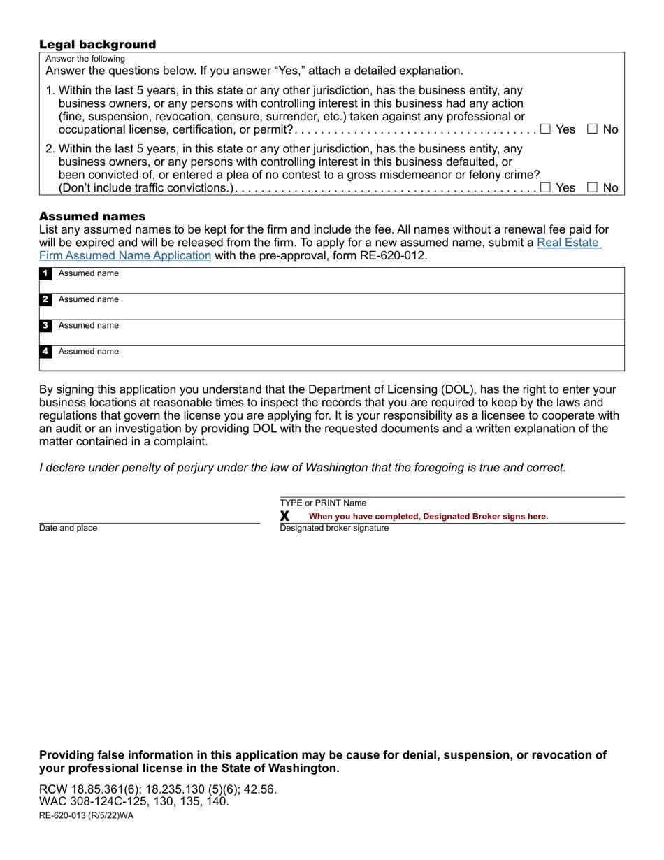 Form RE620013 Fill Out, Sign Online and Download Fillable PDF, Washington Templateroller