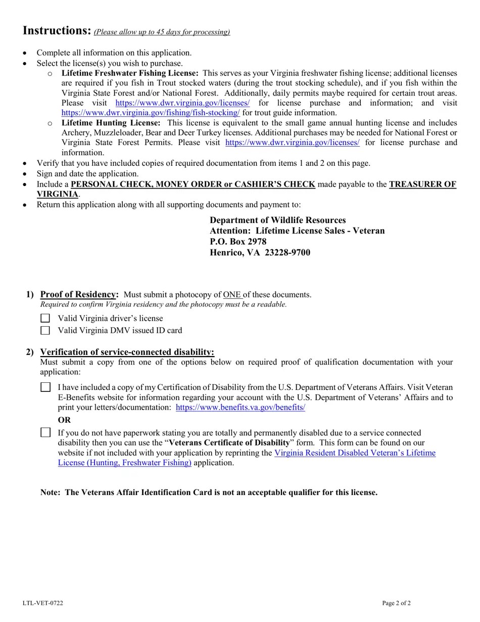 Virginia Resident Disabled Veteran Application Lifetime License