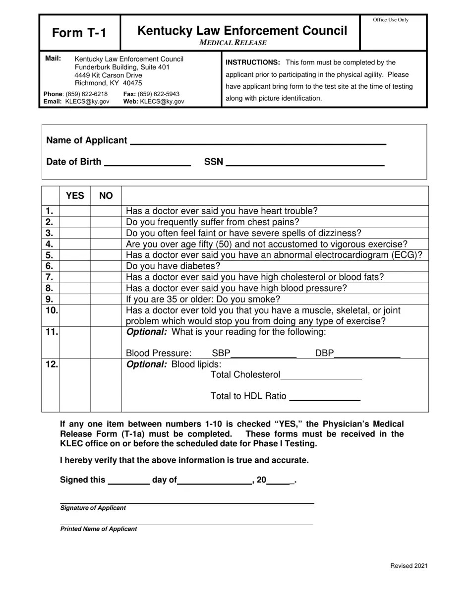 Form T1 Download Printable PDF or Fill Online Medical Release, Kentucky 2020 — 2024