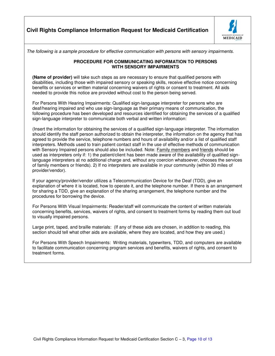 Mississippi Civil Rights Compliance Information Request for Medicaid