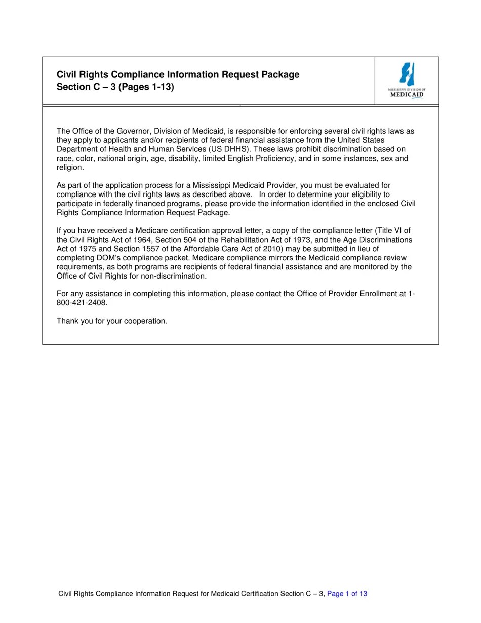 Mississippi Civil Rights Compliance Information Request for Medicaid