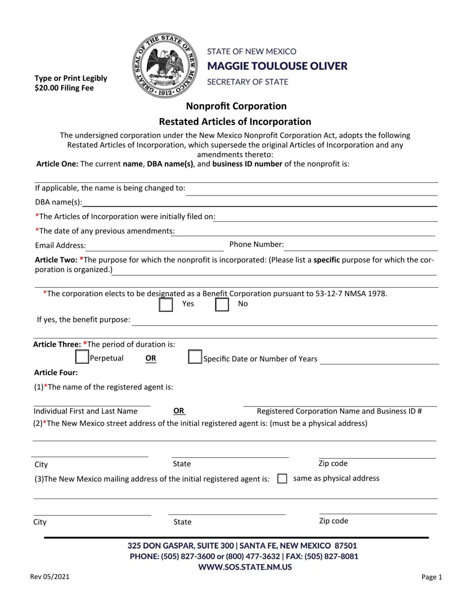 New Mexico Domestic Nonprofit Corporation Restated Articles of