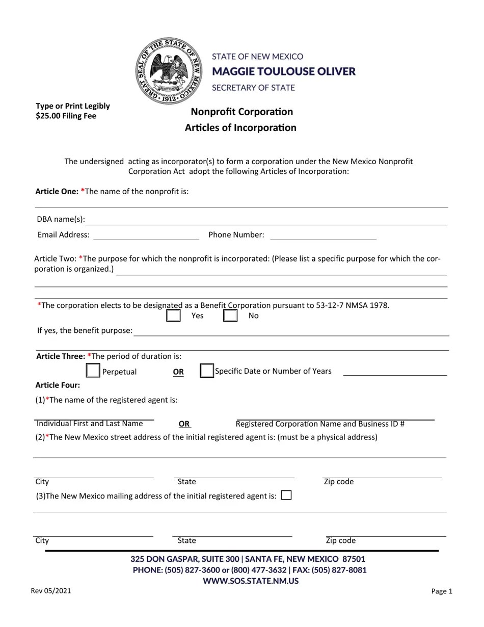 New Mexico Nonprofit Corporation Articles of Incorporation Fill Out