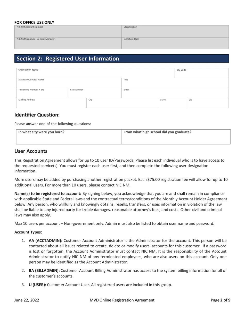 New Mexico Mvd Online Registration Agreement Download Printable PDF